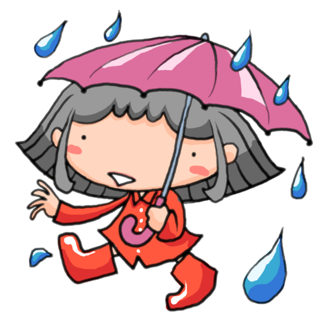 無料イラスト素材（かわいい系・商用利用可）｜梅雨の時期、雨の中傘をさして赤い長靴とレインコートで楽しげに歩く女の子 (4368)