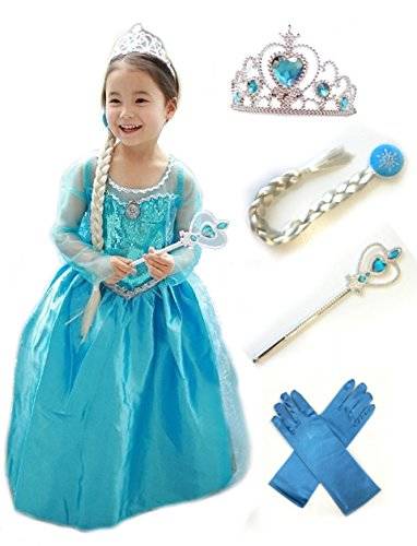 Amazon | アナと雪の女王　エルサ 風 子供用 ドレス ５点セット （ ドレス ・ ティアラ ・ 魔法の杖 ・ 三つ編みの付けウイッグ ・ 手袋 ） (120) | キッズコスチューム | おもちゃ (84523)